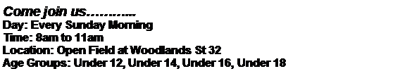 Text Box: Come join us...Day: Every Sunday MorningTime: 8am to 11amLocation: Open Field at Woodlands St 32Age Groups: Under 12, Under 14, Under 16, Under 18